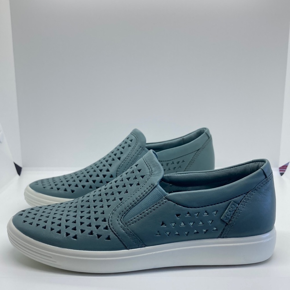 Ladies Ecco Soft 7 Laser Cut Leather Slip-on- Greyish Blue- Size 5
